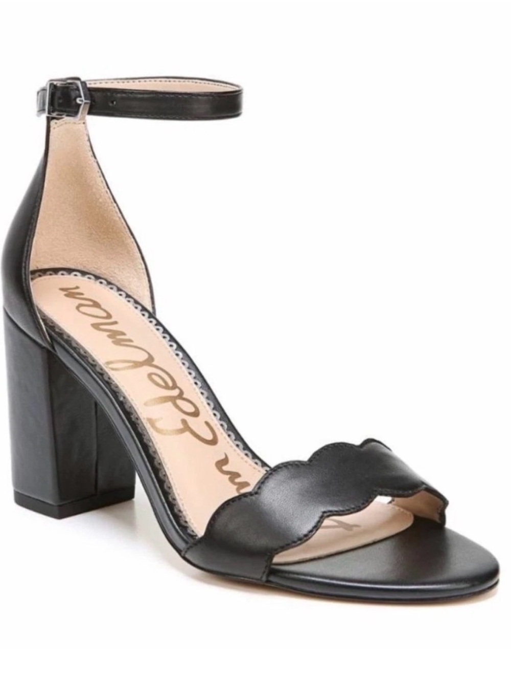 NEW Sam Edelman Scalloped Block Heel Ankle-Strap Sandal Black size 8